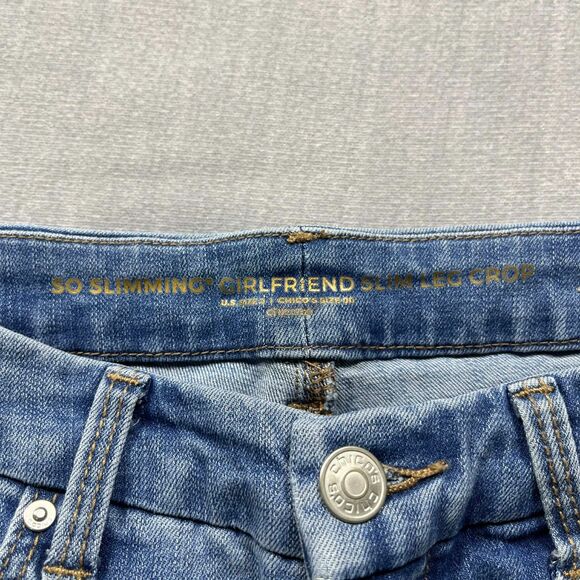 Chico’s Jeans Women 2 So Slimming Girlfriend Crop Blue Stretch Denim Side Trim - Picture 3 of 8